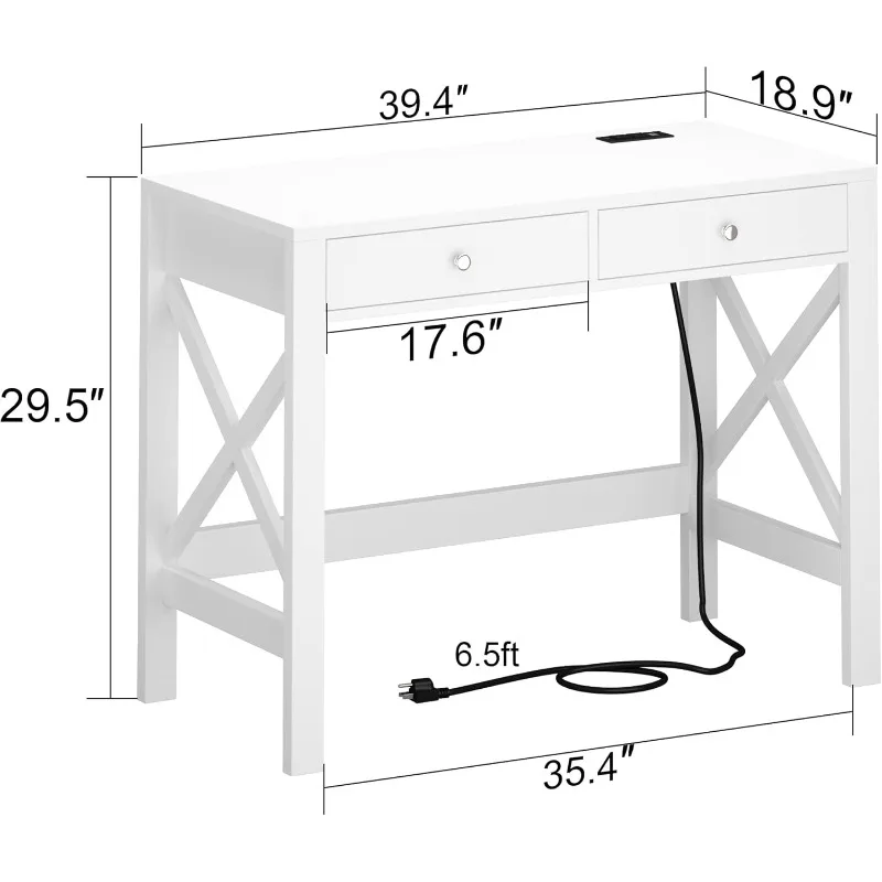 Computer desk with USB charging port and power outlet, 39” white desk with drawers, small writing desk with stabilized X-frame