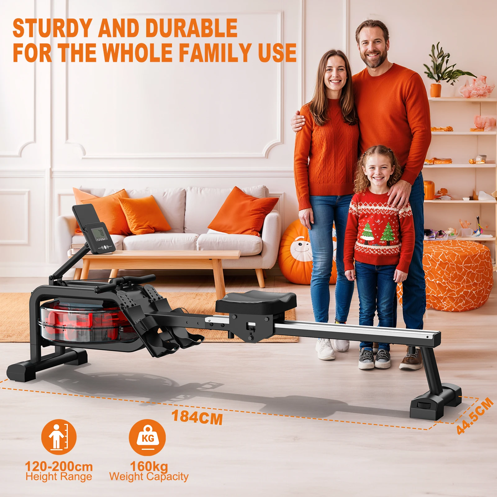 Máquina de remo de agua Mettlematic V-W1 para el hogar: Bluetooth, soporte para tableta, carga de 160 kg, se adapta a los usuarios de hasta 210 cm