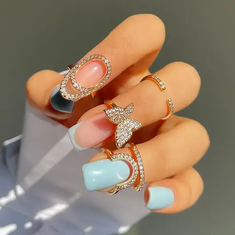 3Pcs Butterfly Nail Ring Set for Women Gold Color Shiny Zircon Nail Cover Rings Personality Jewelry Fake Nail Art Accessories