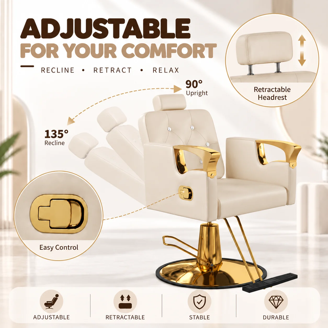 Reclining Barber Chair, Heavy Duty Height Adjustable 360° Swivel Salon Styling Chair for Hair Stylist, Barbershop, 440LBS