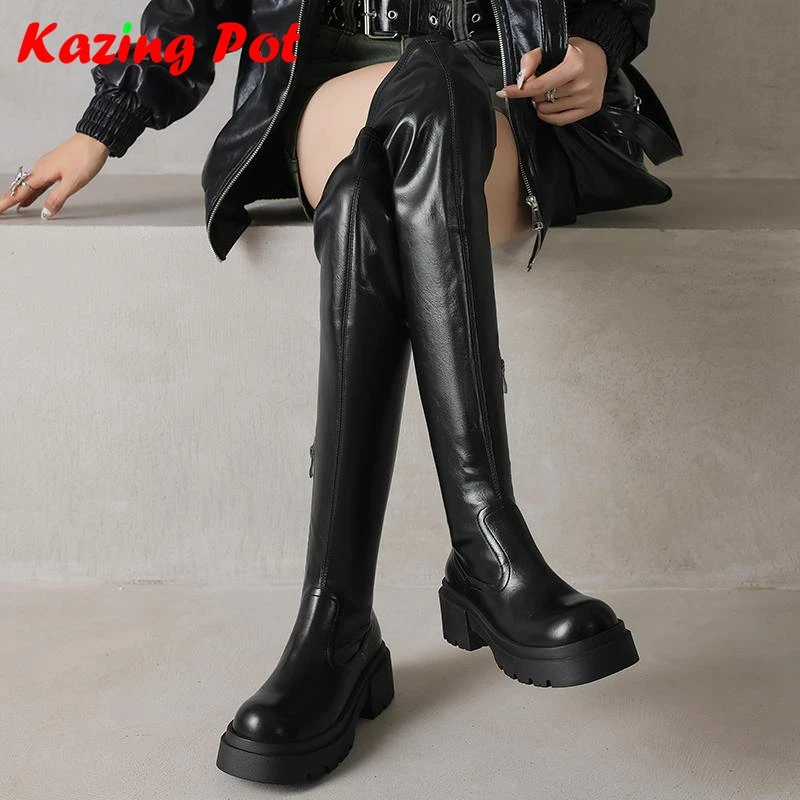 

Krazing Pot Cow Split Skin Thick High Heels Round Toe Stretch Long Boots Slip On Elegant Modern Superstars Over-the-knee Boots