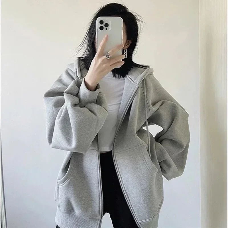 Autumn Winter Women's Solid Oversized Loose Hooded Sweatshirt Streetwear Hoodies Women Korean Style Casual Zip Hoodie Y2k