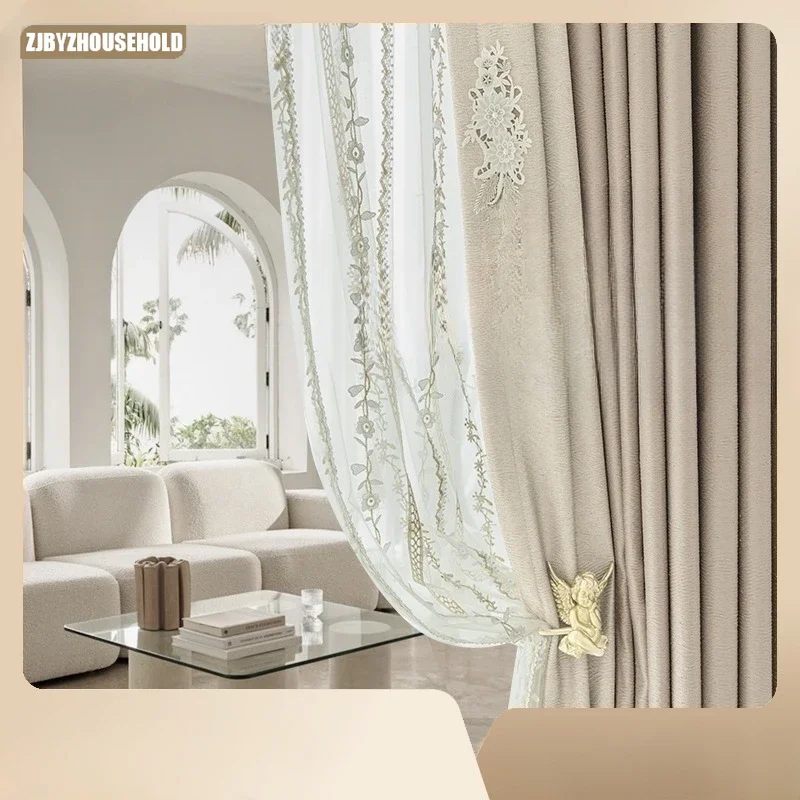 

French Curtains for Living Dining Room Bedroom Style Dense Chenille Color Blocking Bubble Crepe Texture Curtains