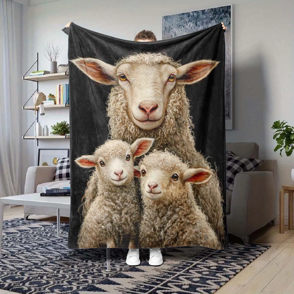 Cute Curly Ewe and Two Lambs Pattern Fleece Blanket Comfortable for Couch Bed Outdoor Camping Indoor All Season Warm Use