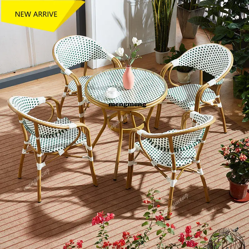 M138 Outdoor white rattan chair balcony courtyard rattan leisure dining chair combination milk tea shop household table and chai