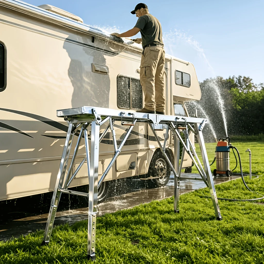 

[Heavy Duty Scaffolding] Heavy Duty Adjustable Folding Scaffolding | Portable Steel Steps, Stable Wall Bench, 1500 Lbs Capacity for RV Cleaning, Painting, Car Wash, Upholstery