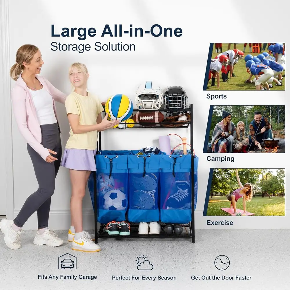 رف تخزين المعدات الرياضية الزرقاء شديدة التحمل مع حقائب محمولة للكرات والألعاب #3