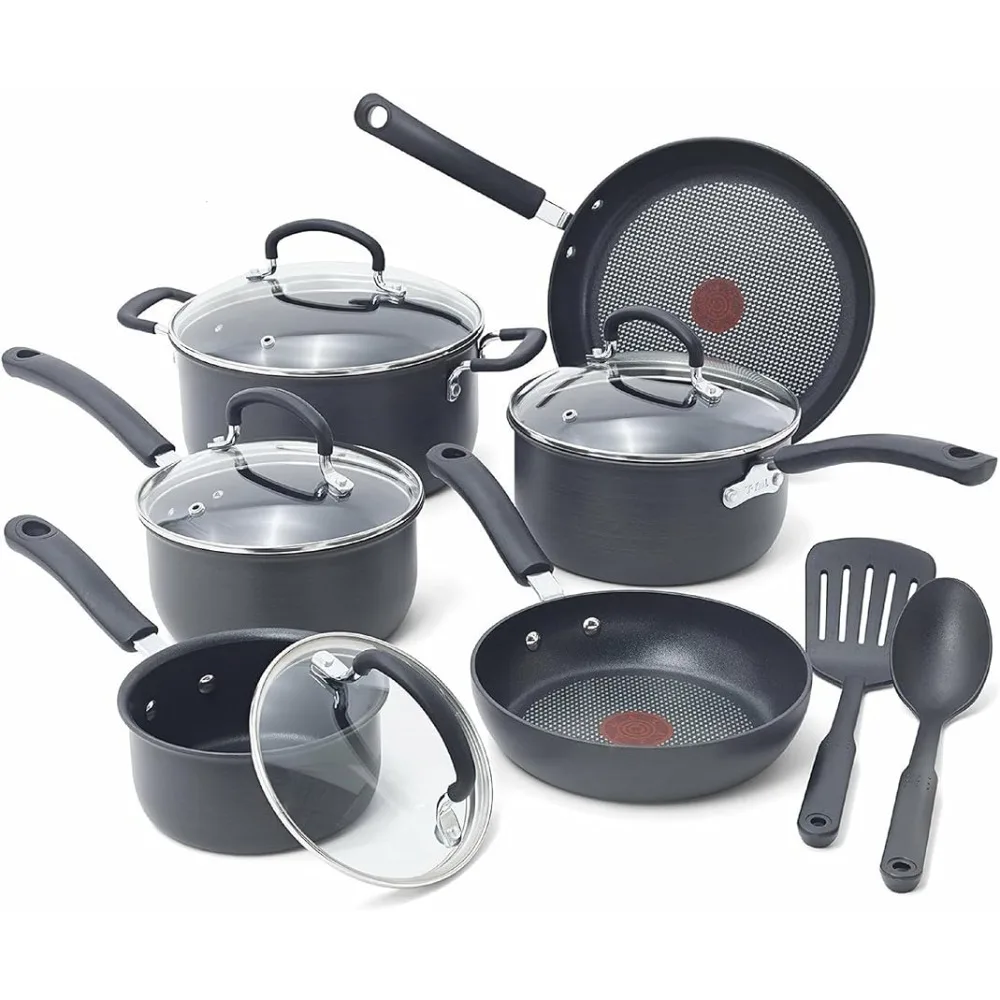 Ultimate Hard Anodized Nonstick Cookware Set 12 Piece Oven Safe 400F, Lid Safe 350F Pots and Pans, Dishwasher Safe Black