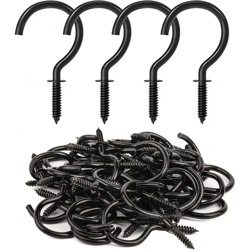 50 PCS of metal hooks, solid steel construction, durable, black screw hooks, 1-1/4 inches.