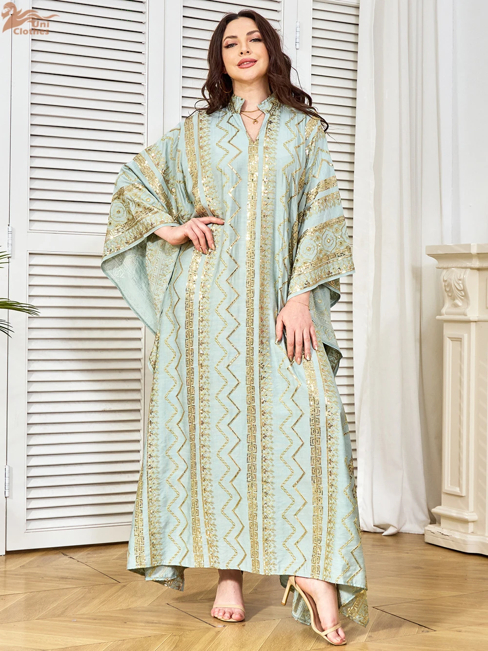 Uni Dubai lentejuelas Patchwork Abaya lujo mujer vestido de noche musulmán elegante manga de murciélago Kaftan
