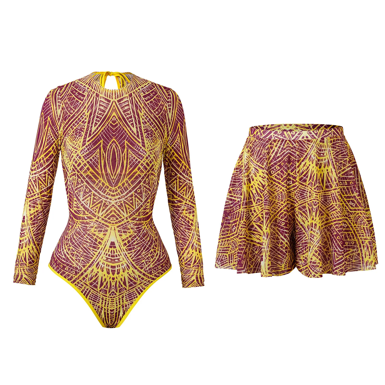 European American Style Swimsuit Long Sleeved Tight Sun Protection Swimsuit Skirt Set Multi-color Striped Sexy Fashion Bikini