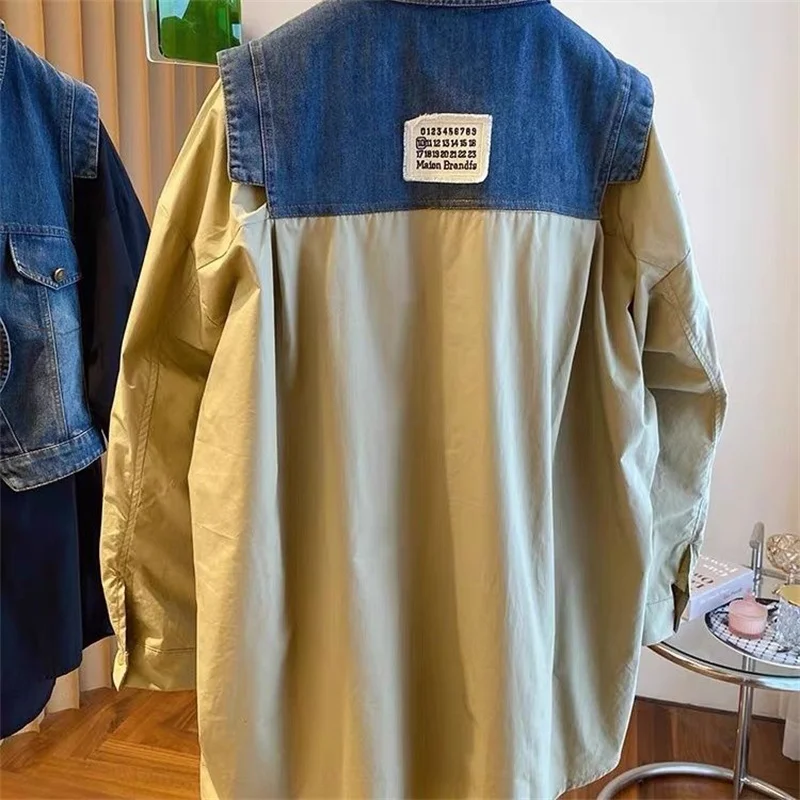 European Goods Fat MM Thin Belly Fake Two-Piece Shirt loose Tibetan Meat Autumn Design Sense, Denim Stitching Long-sleeved Shirt