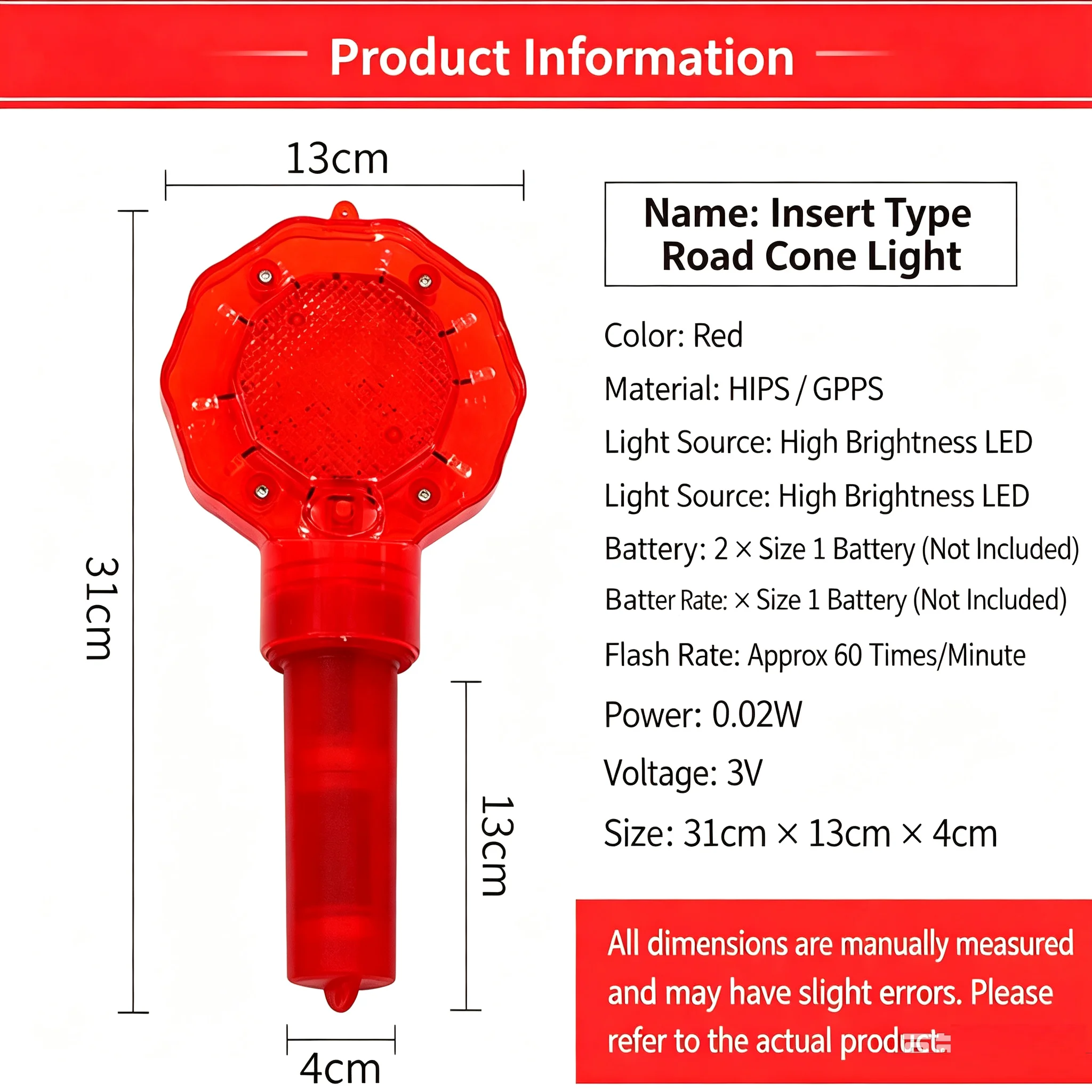 Red Handheld LED Strobe Warning Light Flashing Construction Safety Light Road Barricade Traffic Light Plastic Waterproof
