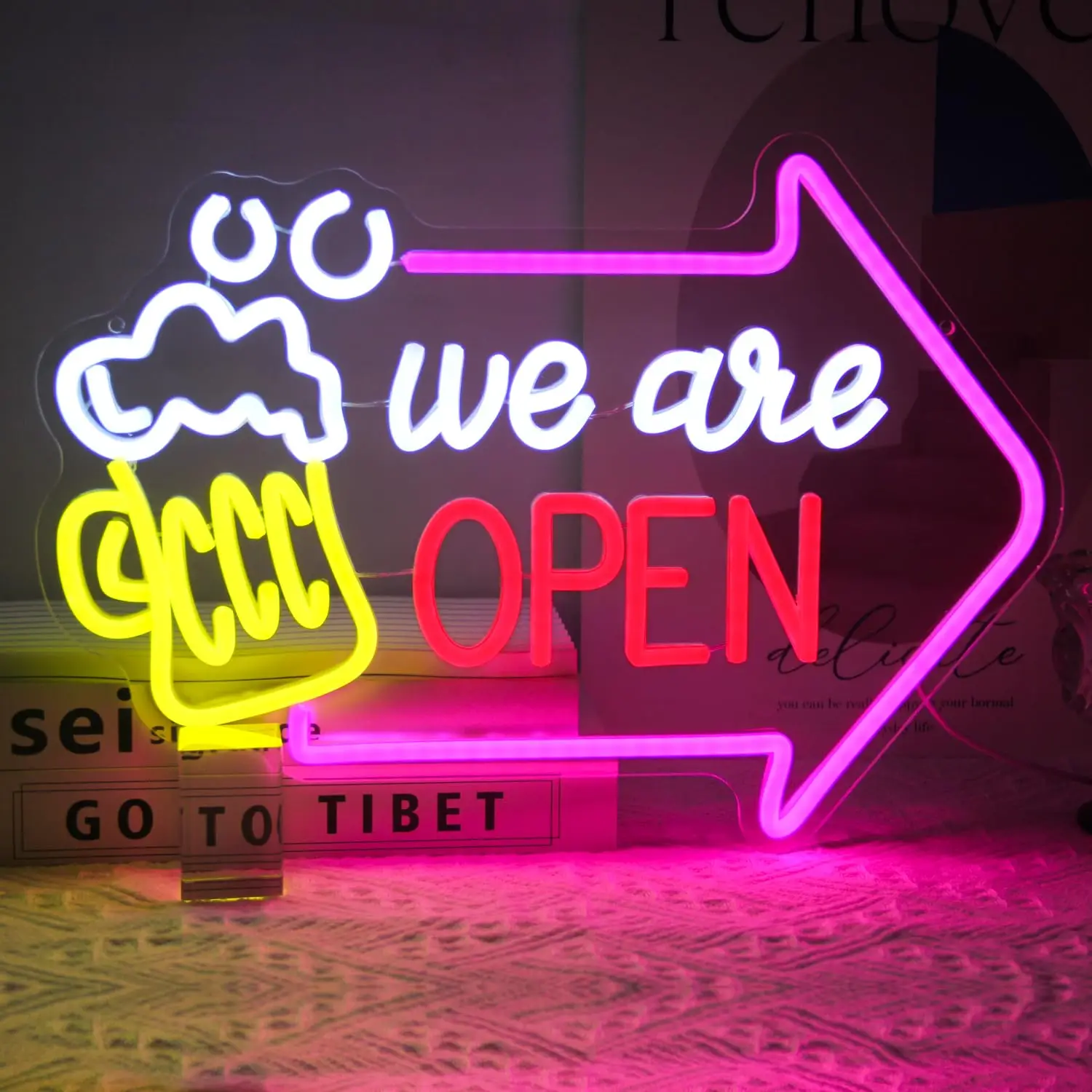 

We Are Open Bar Неоновая вывеска со стрелкой Светодиодная вывеска с регулируемой яркостью для стены Человек Пещера Паб Ресторан Таверна Декор магазина отеля