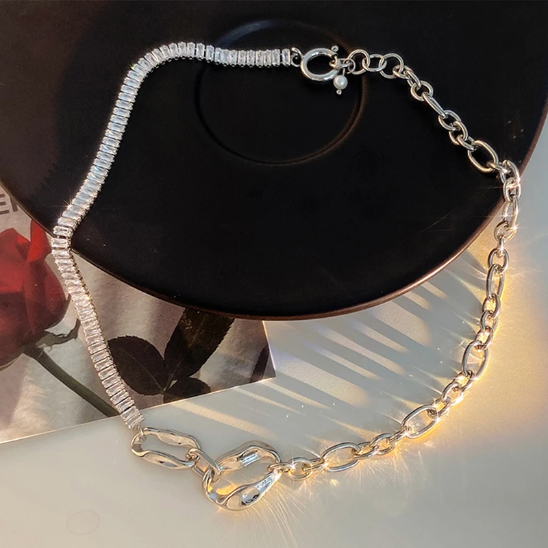 Foxanry Minimalist Silver Color Clavicle Chain Zircons Necklace for Women Fashion Creative Hollow Cross Geometric Party Jewelry