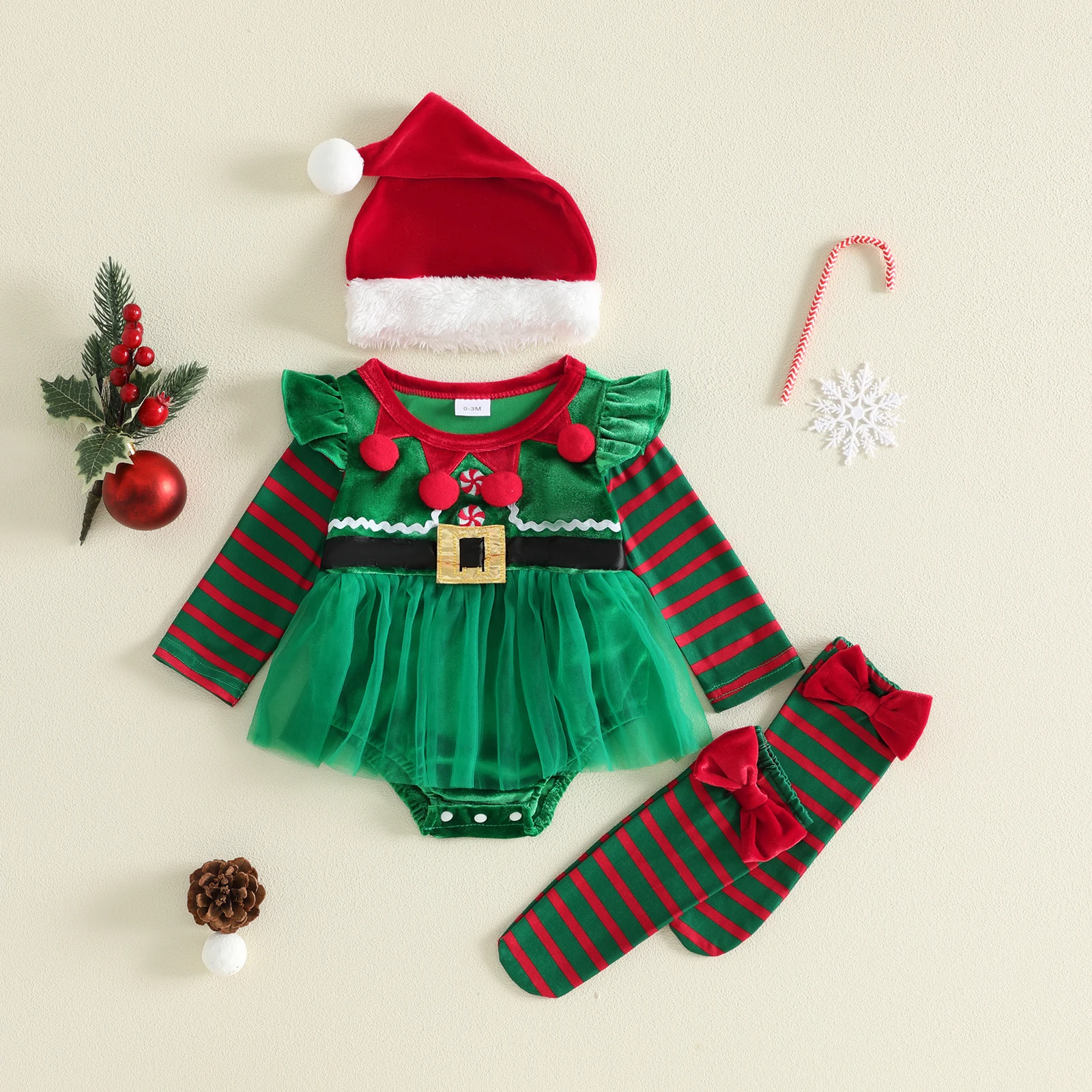 Baby Girl Christmas Elf Outfit Adorable Striped Long Sleeve Round Neck Romper Dress and Stockings Hat Xmas Costume Set