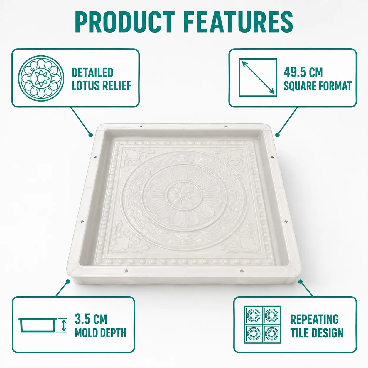 Concrete Paving Mold with Lotus Relief 49.5 cm Square Tile Form for Garden Paths Patios and Courtyards