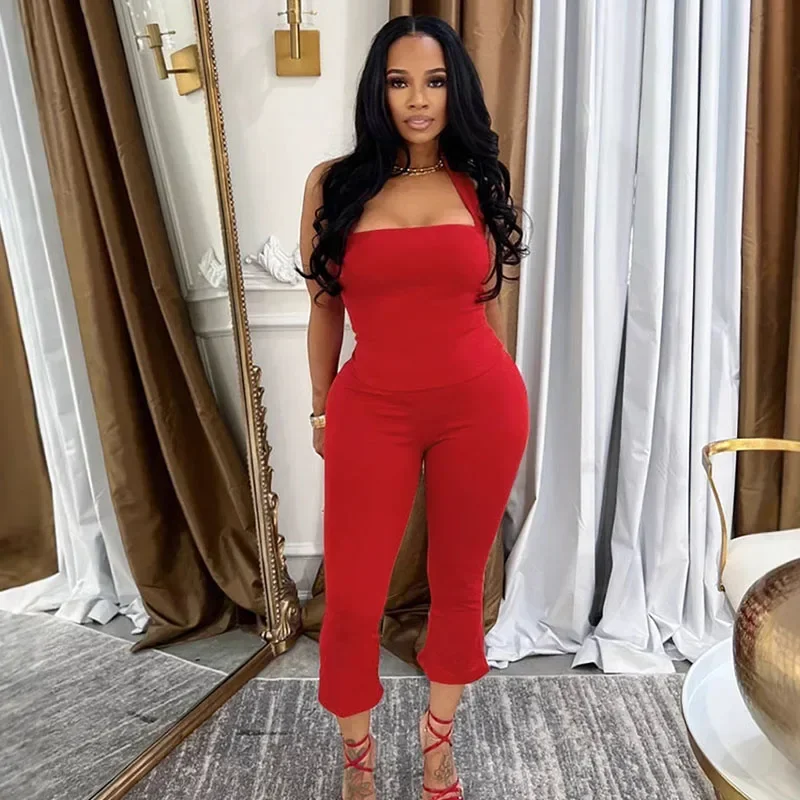 

Элегантные комплекты из двух предметов, женский летний наряд, 2025 г., сексуальный клубный вечерний топ на шнуровке с открытой спиной и брюки длиной до икры, одинаковые комплекты