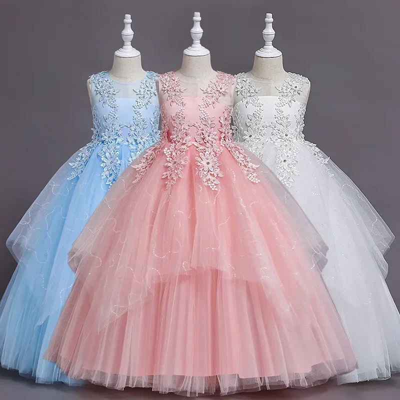 Flower Girl Dresses Children Wedding Princess Fluffy Gauze Dress Spring Summer Small Medium-sized O-Neck Floor-Length