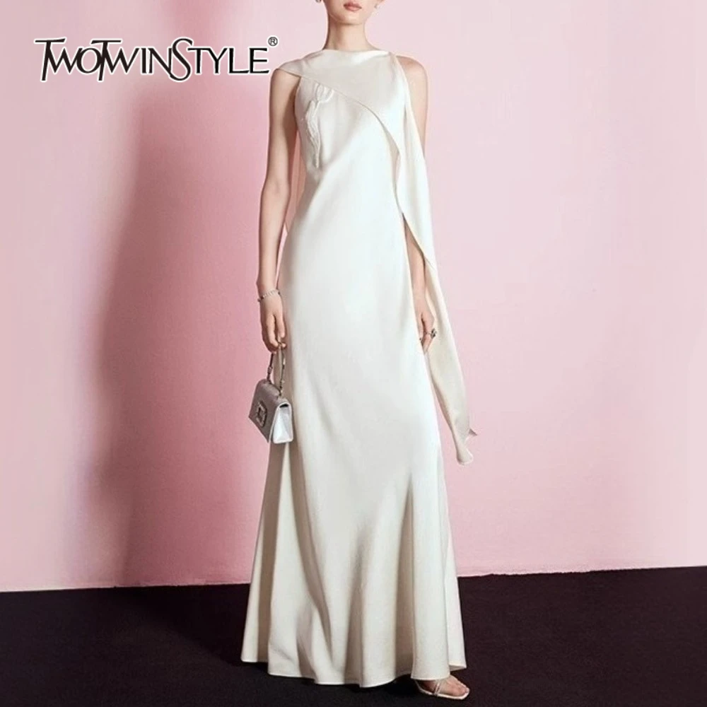 

TWOTWINSTYLE White Spliced Embroidery Elegant Dresses for Women Round Neck Sleeveless Patchwork Ribbon Long Dress Female Fashion