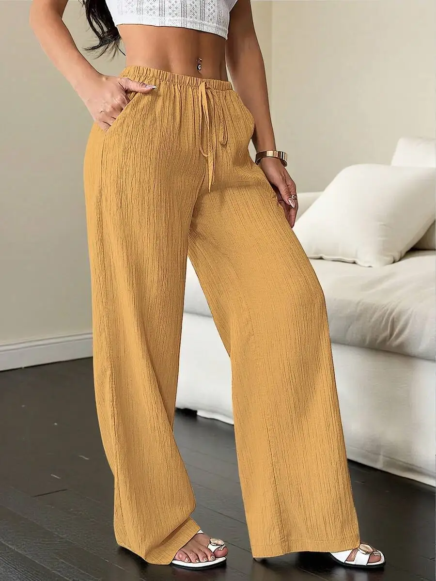 Spring Autumn 2026 Women Casual Solid Color Texture Fabric Waist Belted Side Pocket Wide Leg Pants Lady Loose Sweatpant Trousers