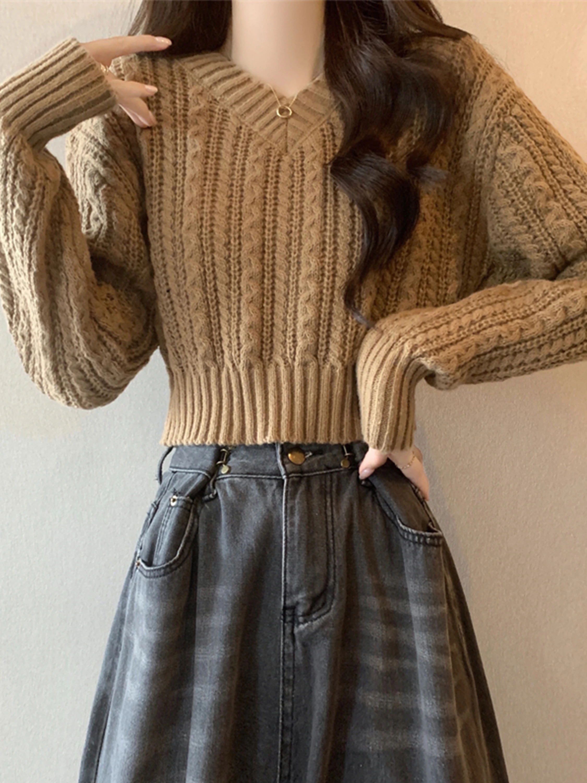 

Женский ор трикотажный базовый свитер с высокой талией и внутренней одеждой, осенний свитер Small Size Premium Feel Top V-ne Long Sve