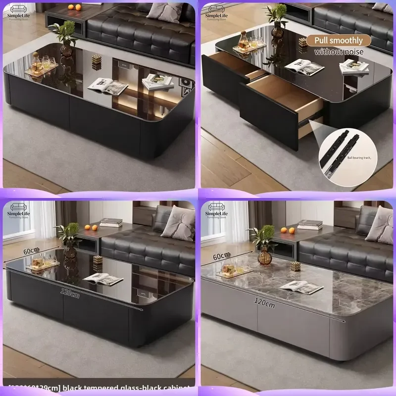 Modern Black Rectangle Coffee Table with Hidden Storage Drawer Shiny Surface Luxury Living Room Furniture for Apartment Home