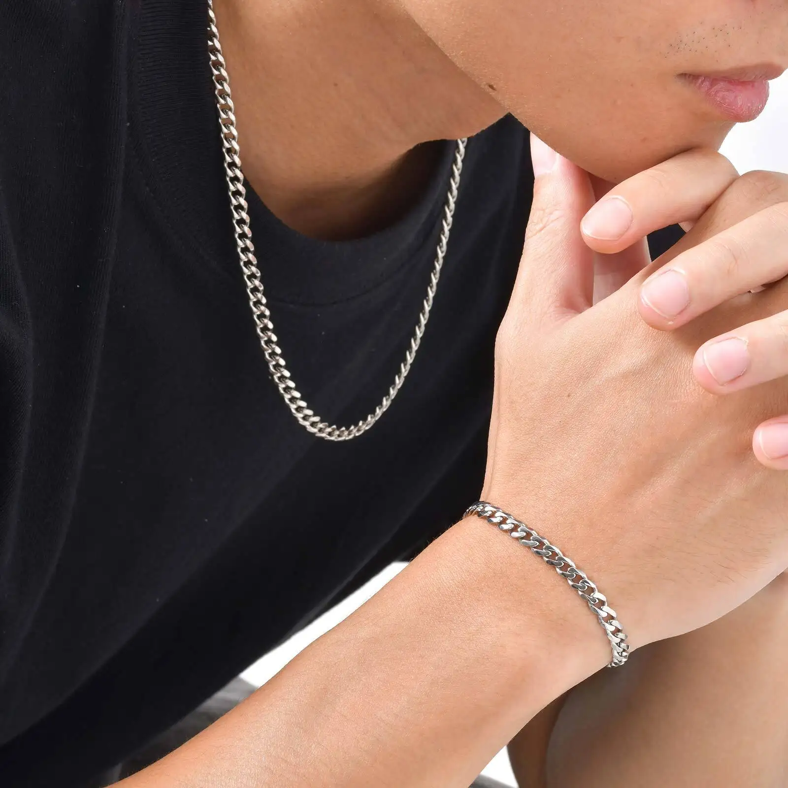 Vnox Stainless Steel 5mm Wide Chain for Men Women Bracelet Necklace Jewelry Set, Silver Color Jewelry Gift Christmas Anniversary - Image 2