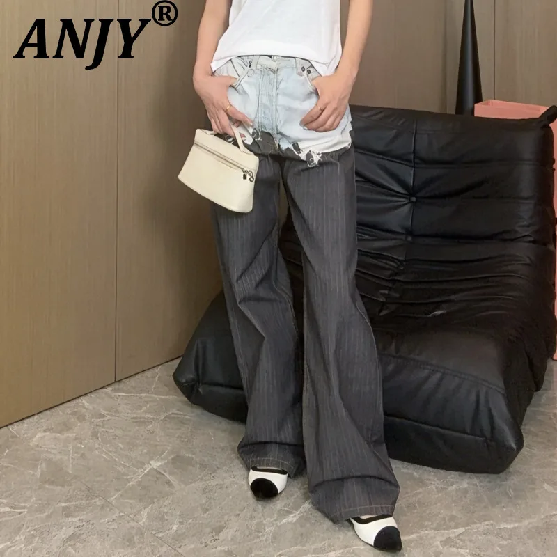 

ANJY Spring Autumn New Women Fake Two-Piece 3D Printed Striped Loose Fit Slim Ins Jeans Trend Fashion Casual Denim Pants A20590