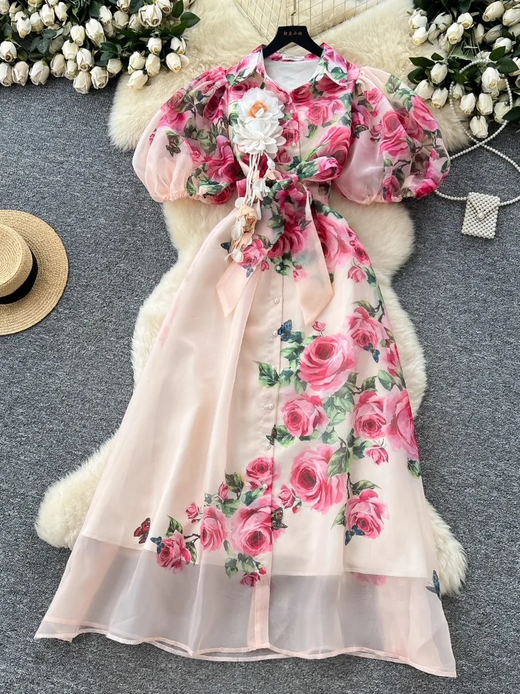 Schickes Vintage Sexy Print Mesh Spliced Fairy Sommer Damen Boho Sommerkleid Damenbekleidung Langes Kleid
