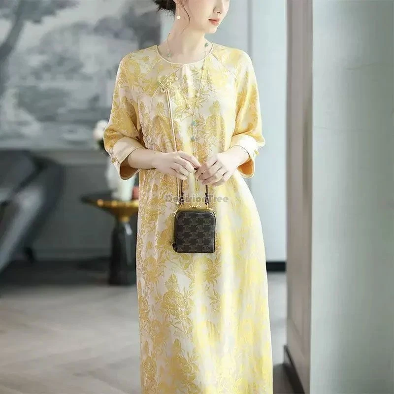 

2025 chinese style improved autumn women new elegant cheongsam tang suit dress round collar half sleeve loose long style qipao
