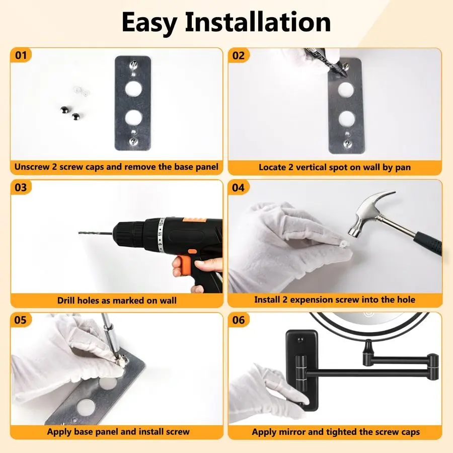 Ładowalne lusterko do makijażu z podświetleniem, montowane na ścianie, 20 cm (8 cali), lusterko powiększające 10X z 3 barwami oświetlenia, ściemnialne, sterowane dotykowo.