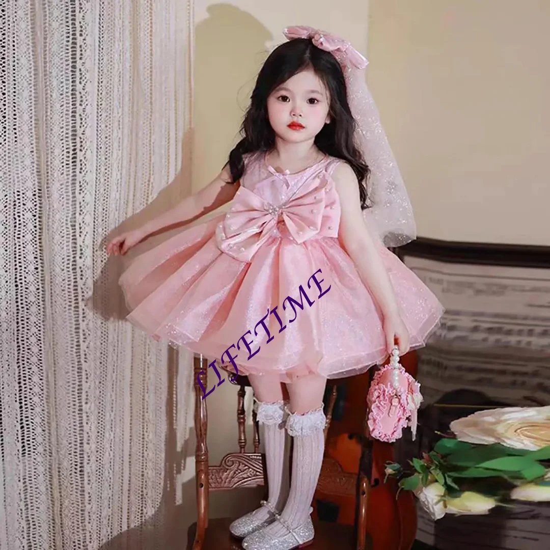 personalizzatoBellissimo abito da ragazza di fiore rosa con fiocco senza maniche per bambini, festa, matrimonio, sera, abito da ballo corto primavera estate