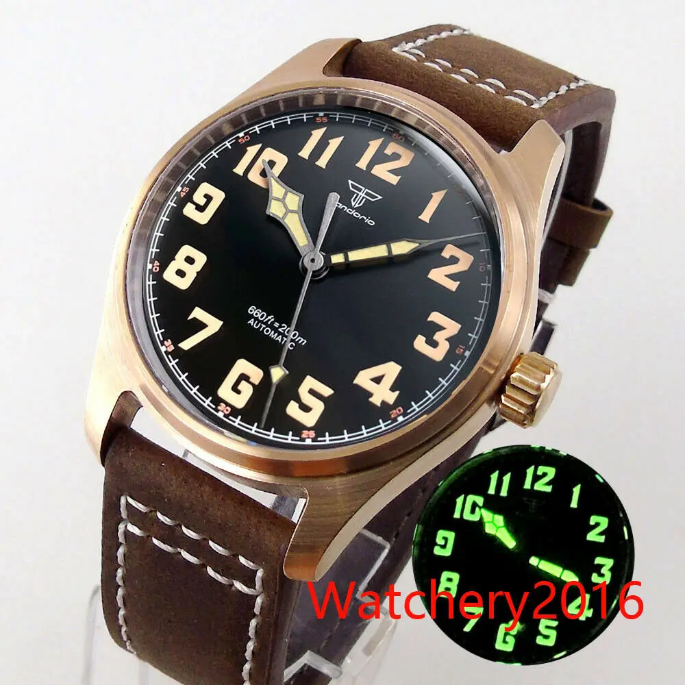 CUSN8 Brons Case 39Mm Tandorio NH35A PT5000 Beweging Automatische Model Heren Horloges Lederen Band Lichtgevende Handen