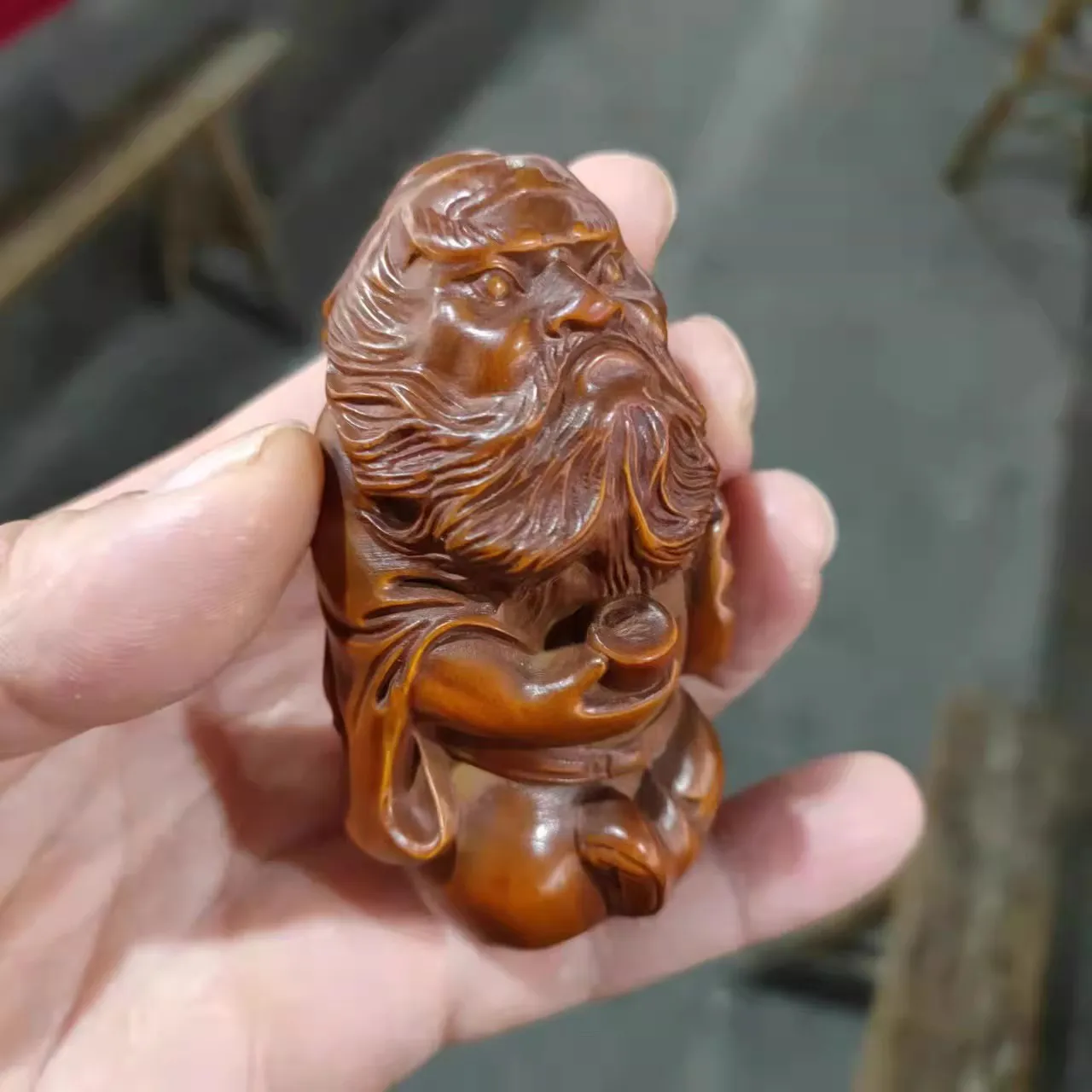 Collection Chinese Box-wood Carving Taoism Zhong Kui Stand Small Statue Craft Gift Decoration