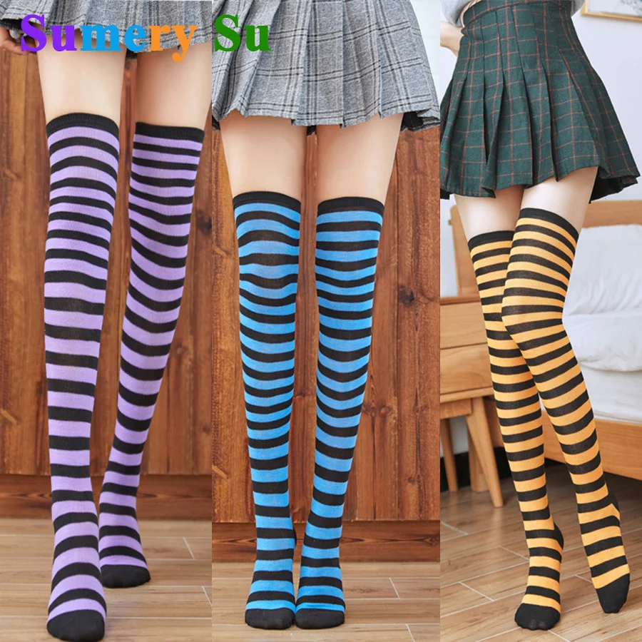 

Stockings Socks Women PinStripes Over Knee Cotton Sexy Cosplay Slim Ladies Girls Christmas Halloween Gift 10 Colors Hot Sale