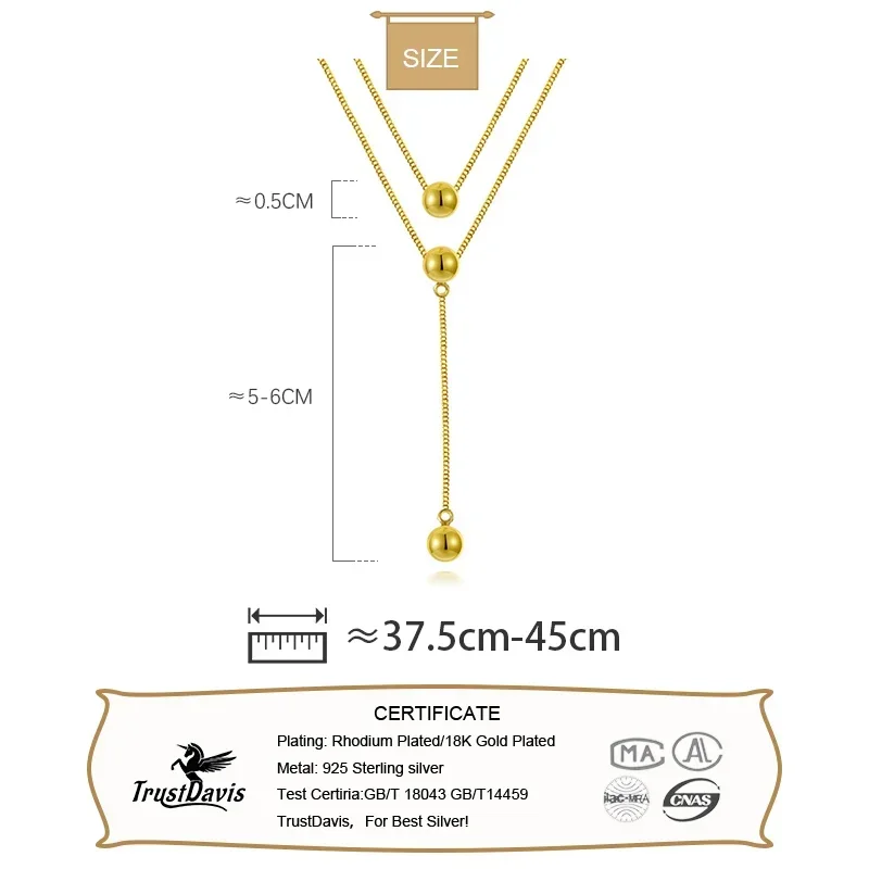 TrustDavis Real 925 Sterling Silver Fashion Double-deck Chain Beads Necklace For Women Wedding Valentine's Day Jewelry DB293