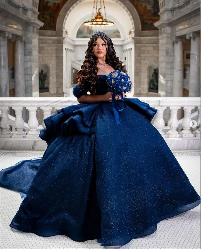 Navy Princess vestido quinceañera lila 2025 Luxury Off Shoulder Ruffle Hem Cathedral Train Mexican Sparkling Crystal Lace Prom