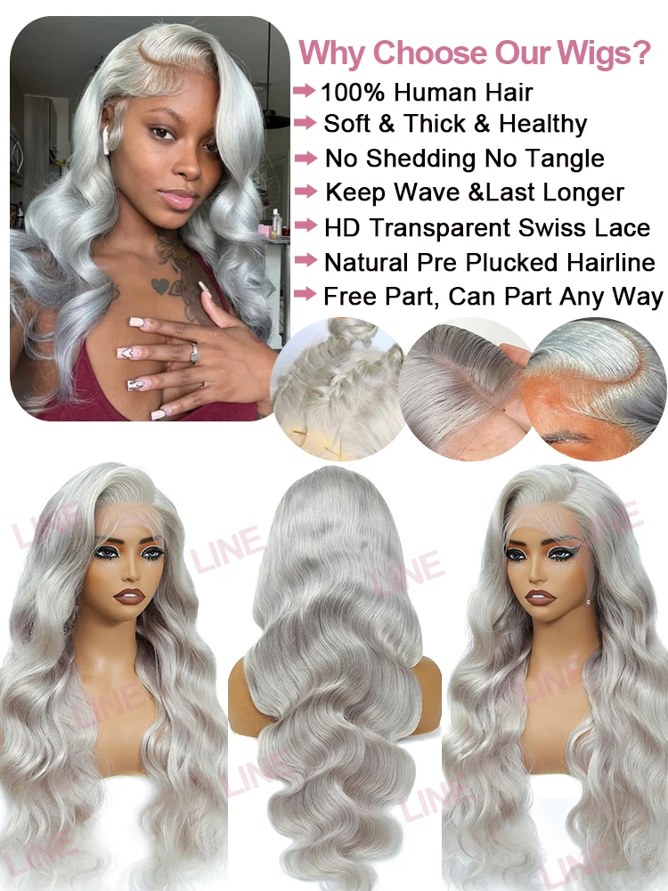 Silver Grey Body Wave Human Hair Wigs Brazilian Ash Grey Color 13x6 HD Lace Frontal Wig 250 Density Pre Plucked Natural Hairline image 5