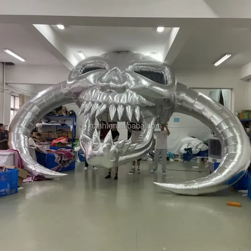 Giant Silver Metallic Inflatable Demon Skull Head with Long Horns,Monster Skull for Halloween Haunted House Stage Event Decor
