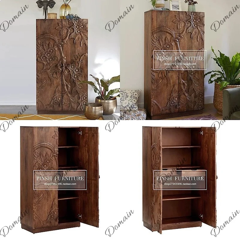 Bedroom Vintage French Antique Solid Wood Carved Double Door Wardrobe Small Space Storage Cabinet
