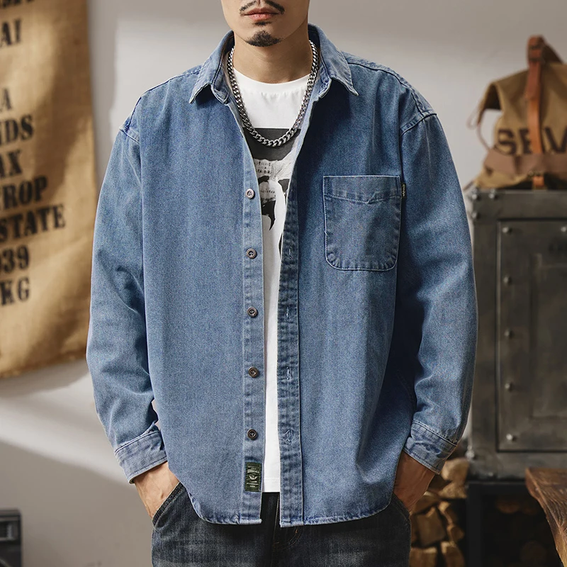 Camicia di jeans da uomo, giacca da lavoro blu americana primaverile e autunnale, giacca a maniche lunghe antirughe casual per giovani di inizio autunno