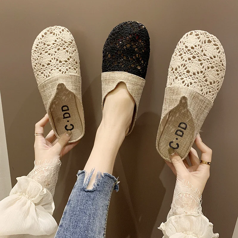 Internet Celebrity Slippers for Women\'s Outer Wear 2024 Summer New Stesh Athable Lazy Shoes Versatile Flat Bottom Toe