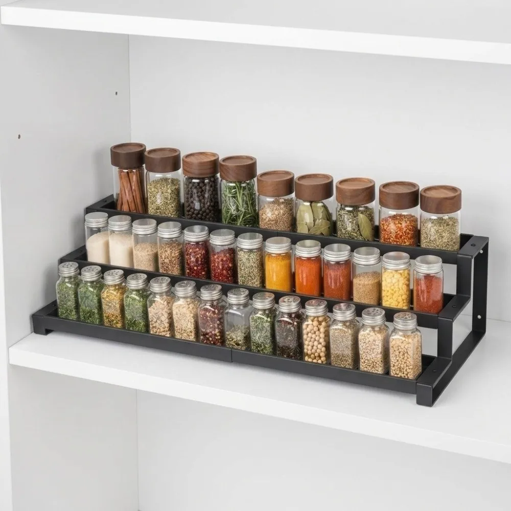 3-Tier Retractable Spice Jars Rack Slip-Resistant Carbon Steel Expandable Storage Shelf Telescopic Adjustable