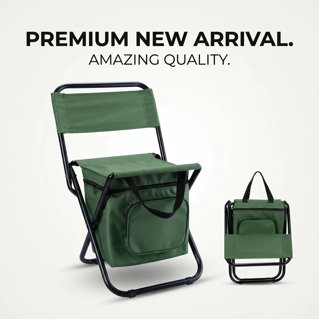 Folding Camping Chair with Cooler Bag Portable Outdoor Fishing Stool with Backrest for Hiking Beach Sketching