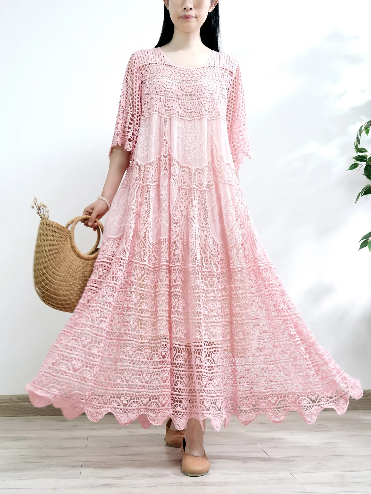 Vestido de Punto y Crochet para Mujer, Marca TIYIHAILEY, Primavera-Verano, Manga Media con Vuelo, Color Rosa, Holgado, Largo hasta la Pantorrilla