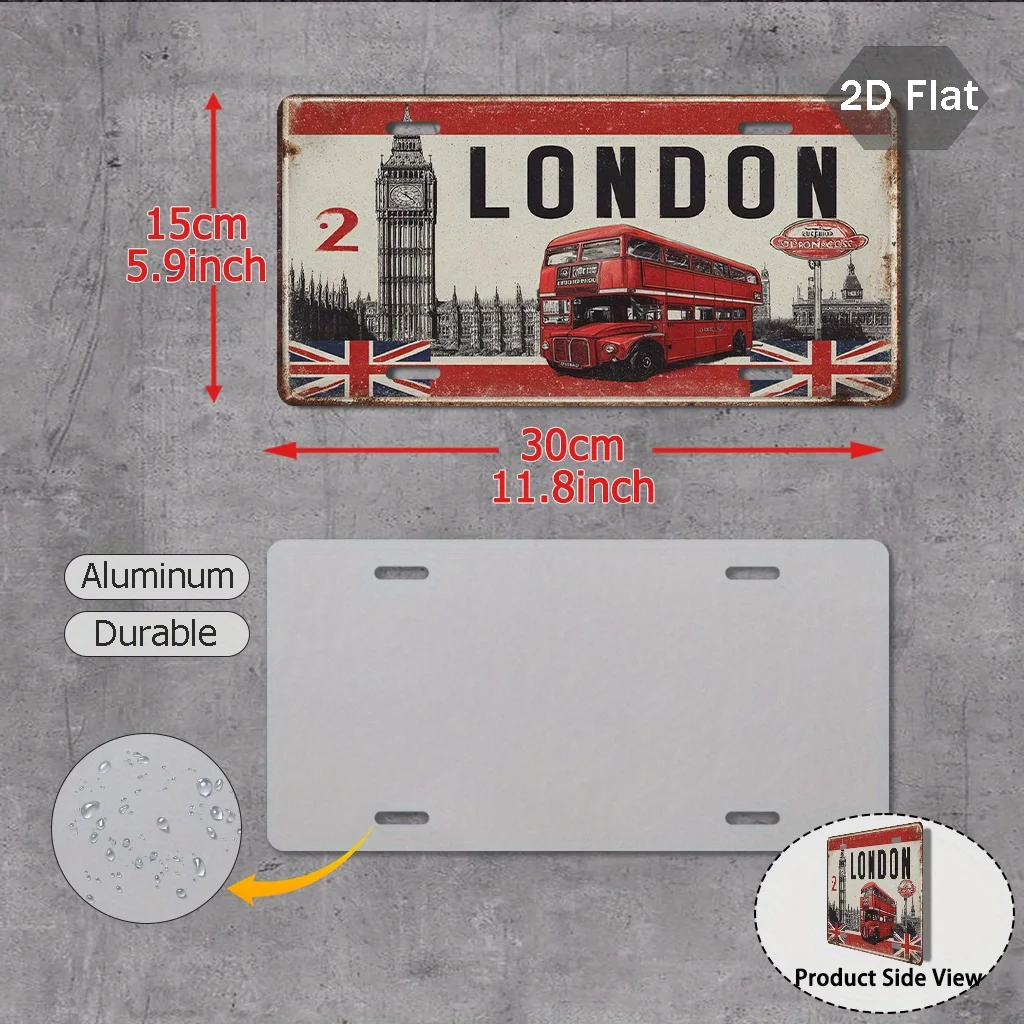 1pc Vintage London Double-Decker Bus Sign | 2D Flat Printing, Aluminum Material, 29.97cm x 14.99cm, Only for Decoration, British