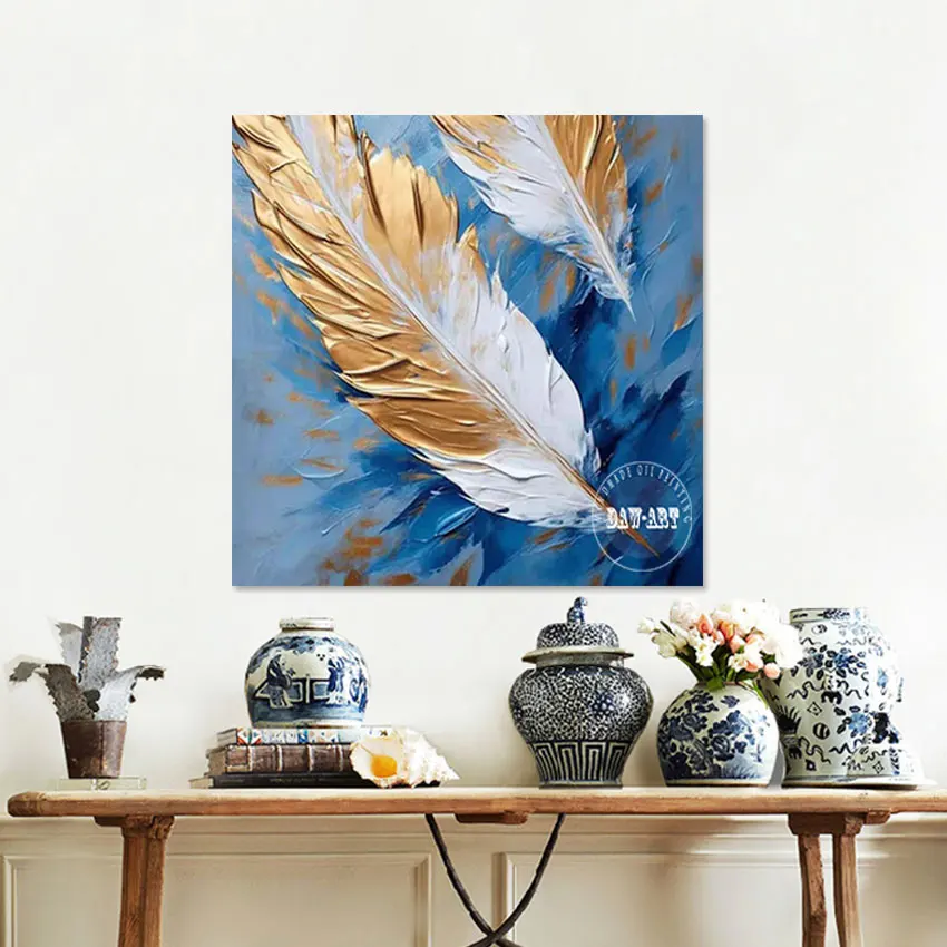 Abstract Pictures Canvas Unframed Artwork Feather Oil Painting Wall Art Golden And White Acrylic Texture Hand-painted Decoracion