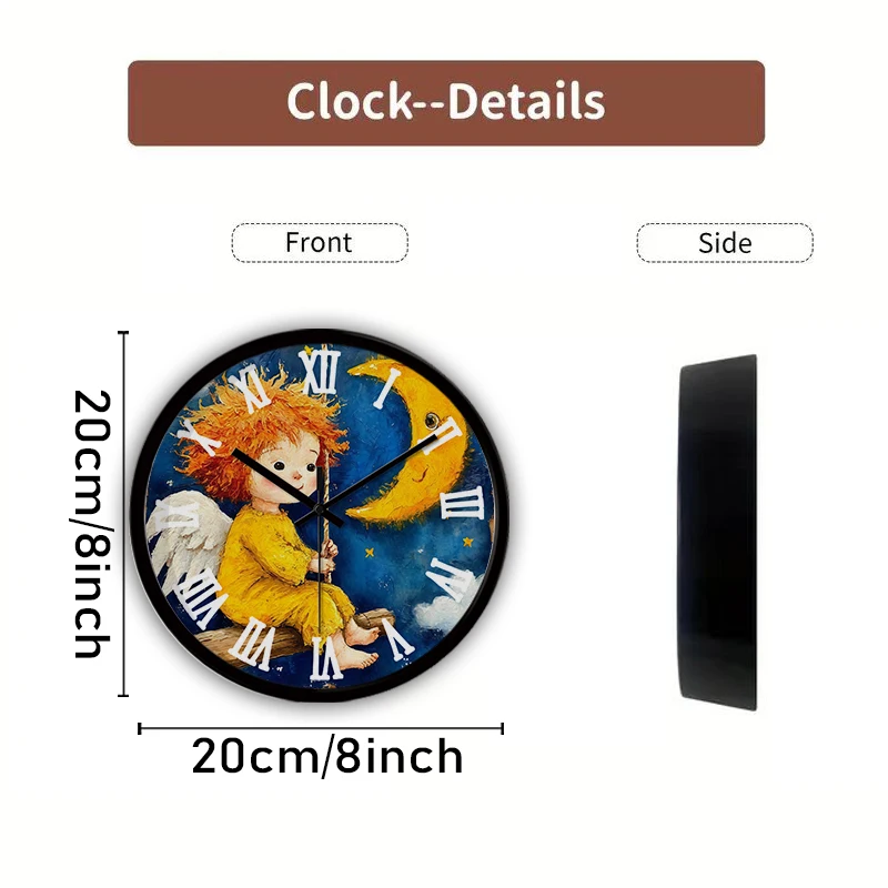 The Moon The Angel Cartoon Round Silent Hanging Wall Clock, Suitable For Living Room, School,Study Room,Bedroom,Children's Gifts
