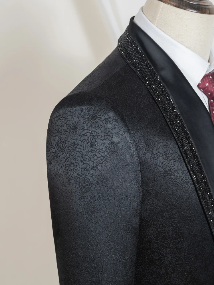 بدلة رجالية فاخرة وعصرية بياقة من حجر الراين وشال وطية صدر السترة بدلة زفاف سوداء مكونة من قطعتين مأدبة سهرة للعريس #4